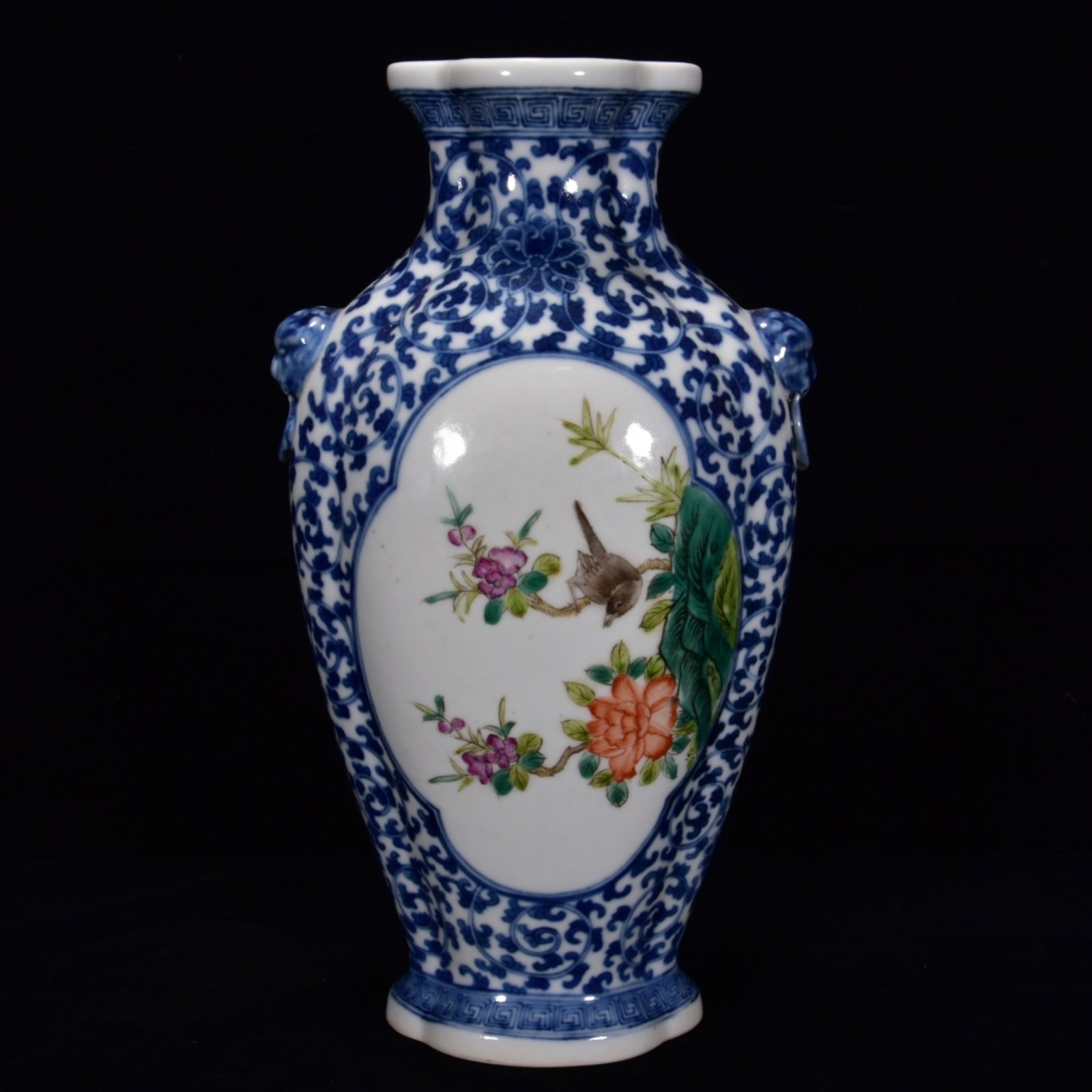 An Exquisite Blue and White Jiacai Flower and Bird Pattern Vase: An Exquisite Blue and White Jiacai Flower and Bird Pattern Vase,Qing Dynasty,China,Kangxi Four-Character Mark,Size:11inx6.3in 青花加彩花鸟纹瓶,中&