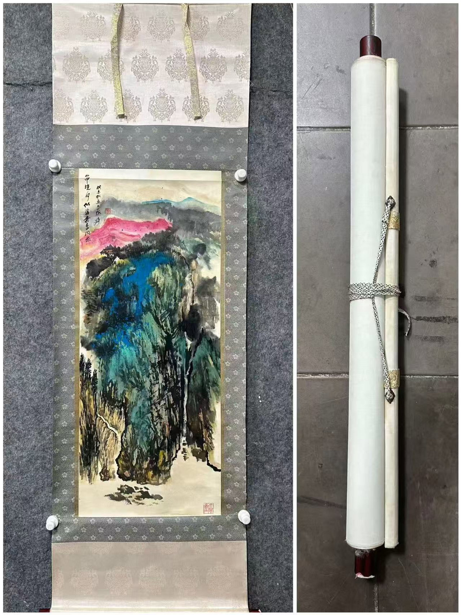 A Chinese Vertical Scroll Ink Painting of Landscape on Paper: A Chinese Vertical Scroll Ink Painting of Landscape on Paper,Zhang Daqian,Size:15.7inx38.2in