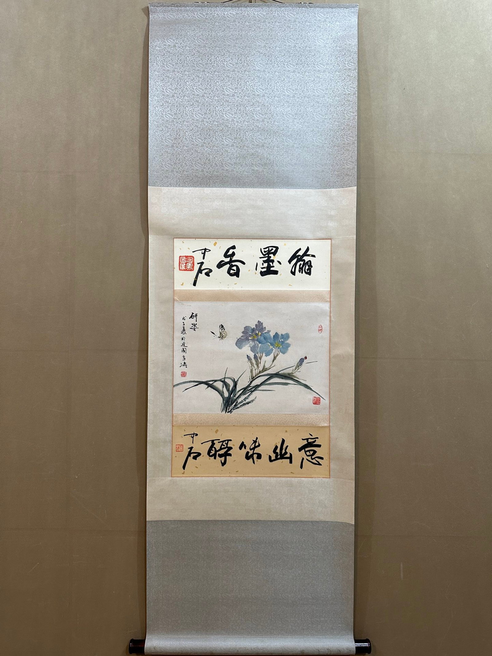 A Chinese Vertical Scroll Ink Painting of Flower and Butterfly on Paper: A Chinese Vertical Scroll Ink Painting of Flower and Butterfly on Paper,Wang Xuetao,Size:17.7inx26.8in