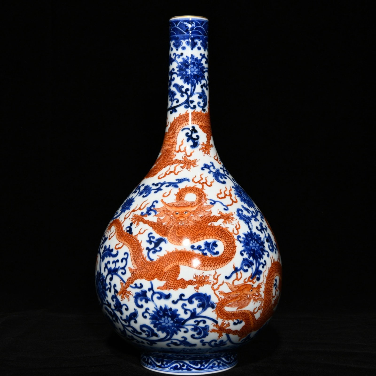 A Huge Blue and White Iron-Red Lotus and Dragon Pattern Vase: A Huge Blue and White Iron-Red Lotus and Dragon Pattern Vase,Qing Dynasty,China,Qianlong Six-character Mark,Size:15.7inx8.3in