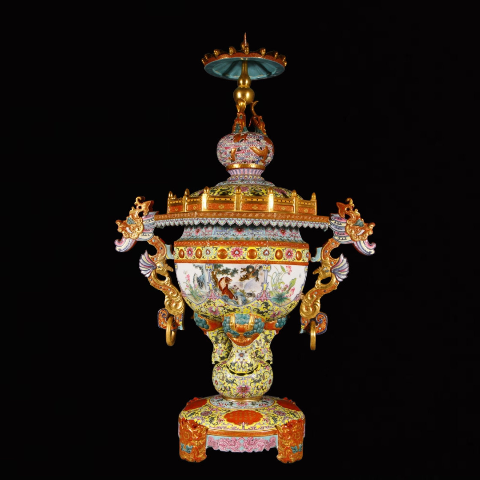 An Exquisite Enamel Yellow Ground the Twelve Chinese Zodiac Signs ? Double-Ears Censer: An Exquisite Enamel Yellow Ground the Twelve Chinese Zodiac Signs 纹 Double-Ears Censer,Qing Dynasty,China,Qianlong Four-character Mark,Size:36.6inx13.4in
