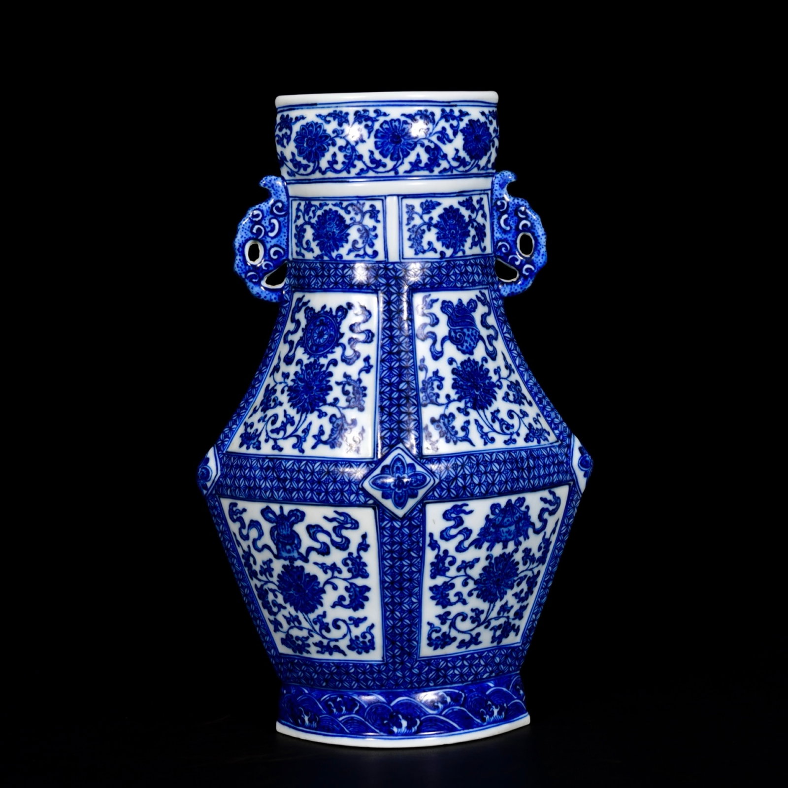 A Rare Blue and White Eight Treasures Pattern Double-Ears Vase: A Rare Blue and White Eight Treasures Pattern Double-Ears Vase,Qing Dynasty,China,Qianlong Six-Character Mark,Size:15.4inx9.4in