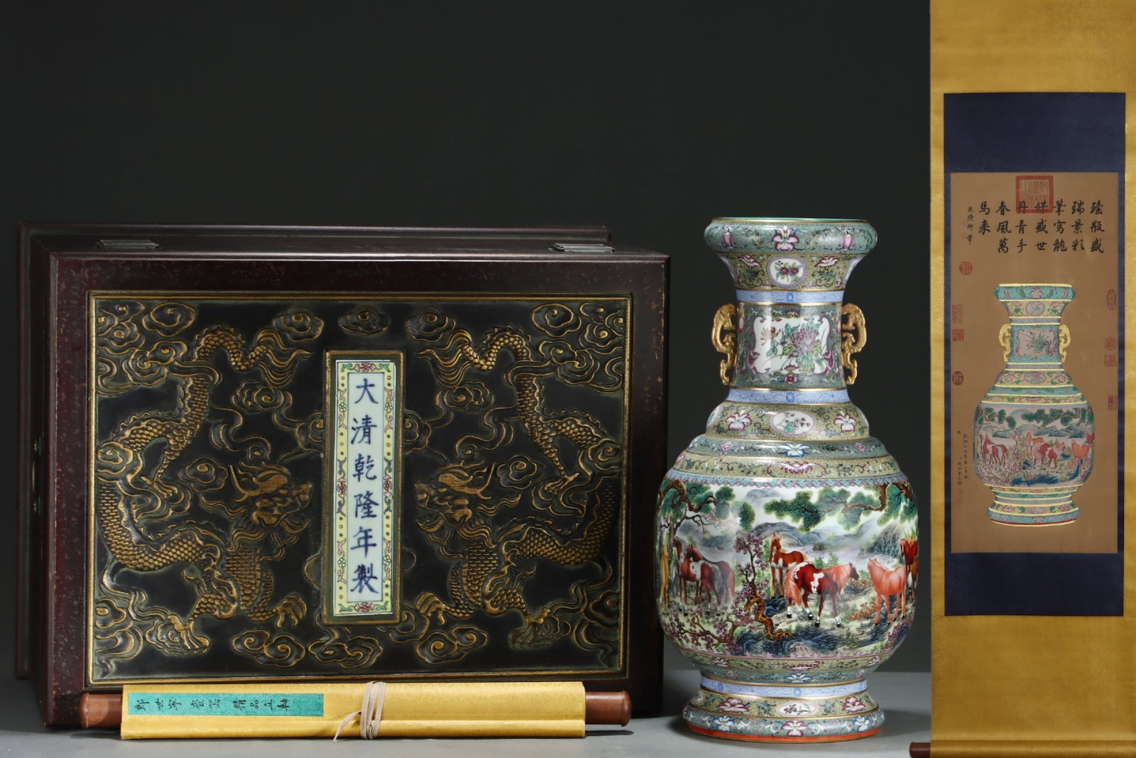 A Huge Enamel Gilt Pine and Horse Pattern Double-Ears Vase,with Chinese Vertical Scroll Ink Painting: A Huge Enamel Gilt Pine and Horse Pattern Double-Ears Vase,with Chinese Vertical Scroll Ink Painting on Silk,Qing Dynasty,China,Qianlong Six-character Mark,Size:(Without frame)32.3inx14.2in,(Porcelain