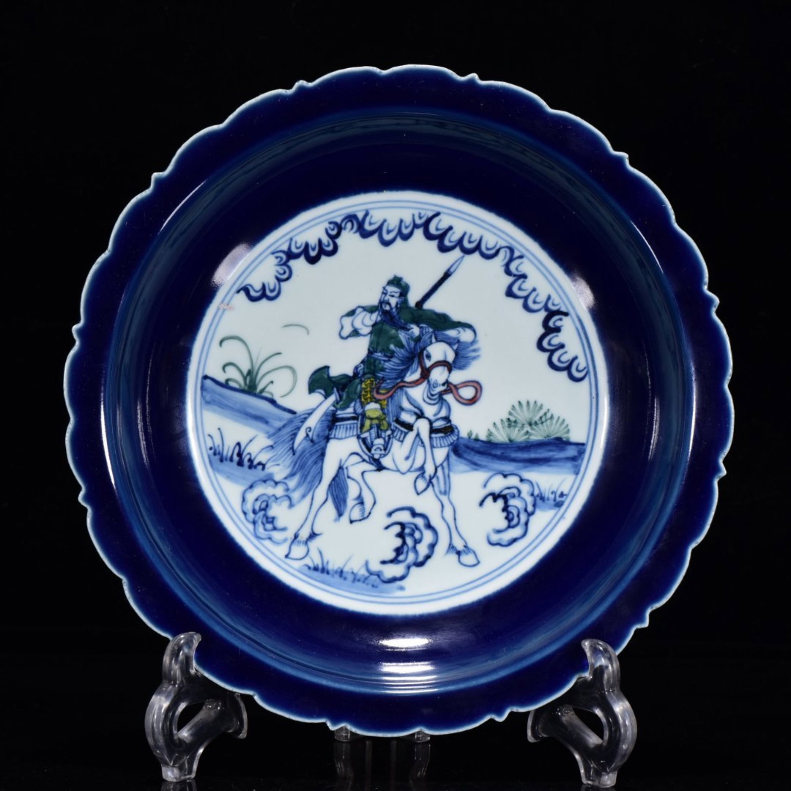An Exquisite Ji Blue Glazed Blue and White Character and Story Pattern Plate: An Exquisite Ji Blue Glazed Blue and White Character and Story Pattern Plate,Ming Dynasty,China,Xuande Six-character Mark,Size:2inx8.7in 霁蓝釉青花人物故