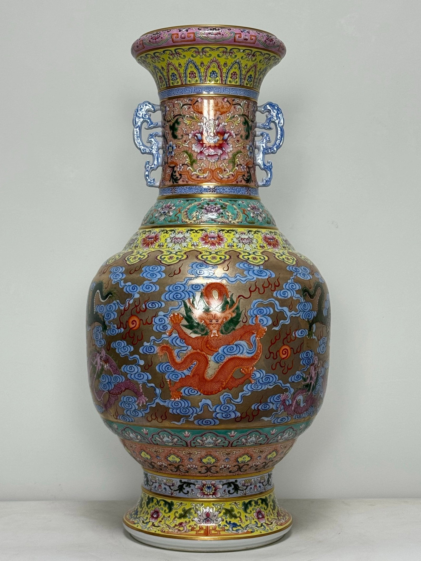 A Huge Enamel Auspicious Cloud and Dragon Pattern Double-Ears Vase: A Huge Enamel Auspicious Cloud and Dragon Pattern Double-Ears Vase,Qing Dynasty,China,Qianlong Four-character Mark,Size:25inx13in 珐琅彩祥云龙纹双೑