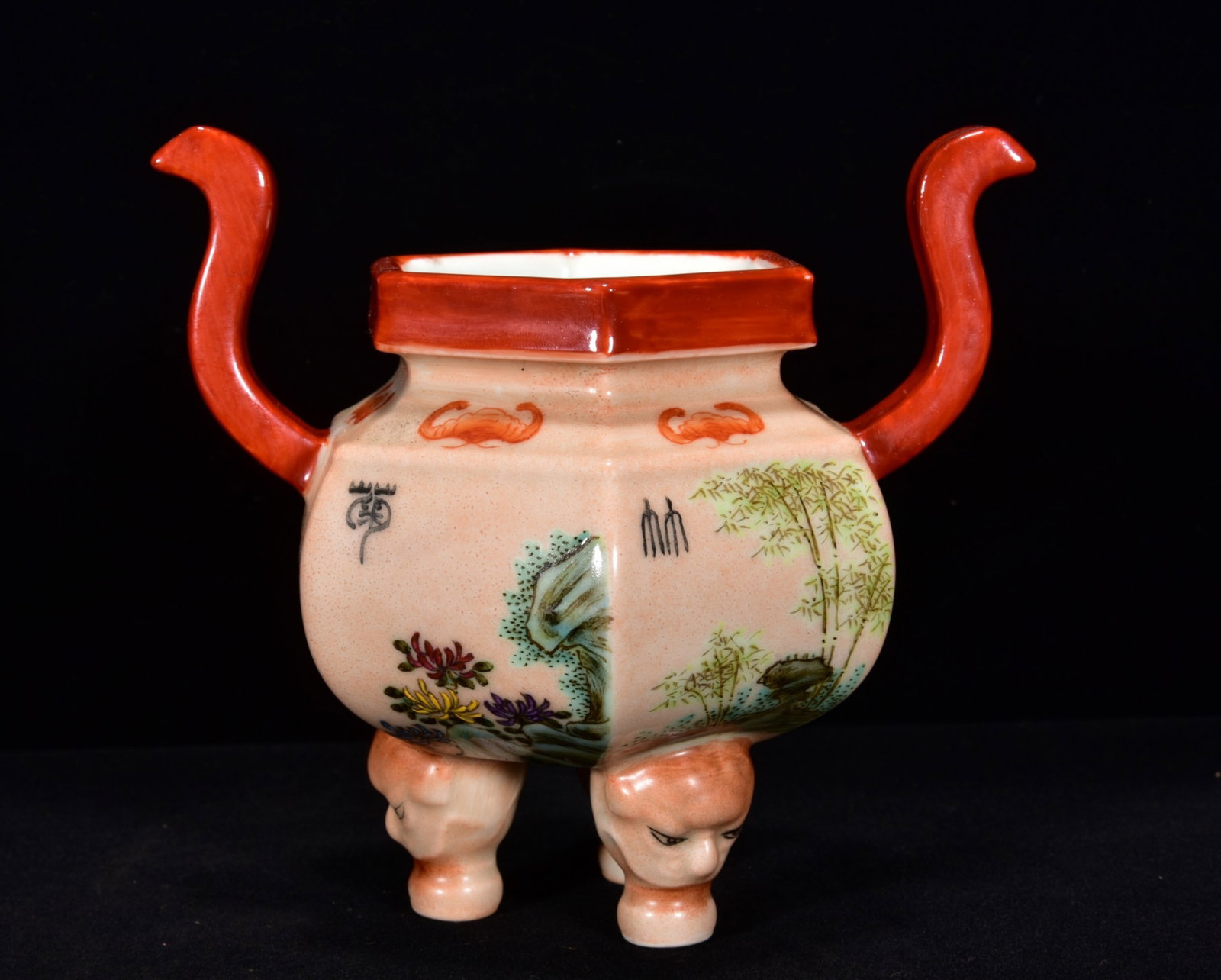 An Exquisite Famille-Rose Plum Blossom,Orchid,Bamboo and Chrysanthemum Pattern Double-Ears and: An Exquisite Famille-Rose Plum Blossom,Orchid,Bamboo and Chrysanthemum Pattern Double-Ears and Tripod Censer,Qing Dynasty,China,Size:4.7inx5.5in 粉彩梅兰竹菊纹