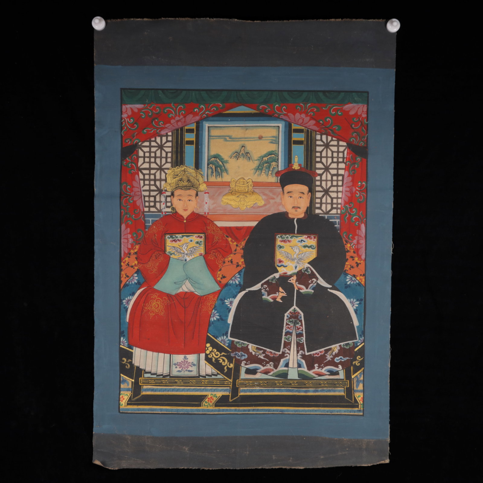 A Rare Painted Color Statue of Figure Tangka: A Rare Painted Color Statue of Figure Tangka,Qing Dynasty, China,Size:26.8inx40.2in 彩绘人物像唐卡,中国清代