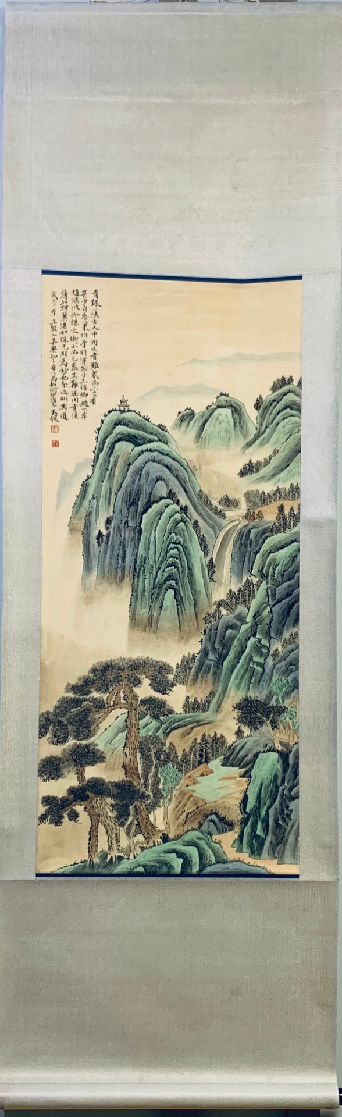 A Chinese Vertical Scroll Ink Painting of Landscape on Paper: A Chinese Vertical Scroll Ink Painting of Landscape on Paper,He Tianjian,Size:47×42.5in 一幅中国水墨山水画立轴,贺天&#