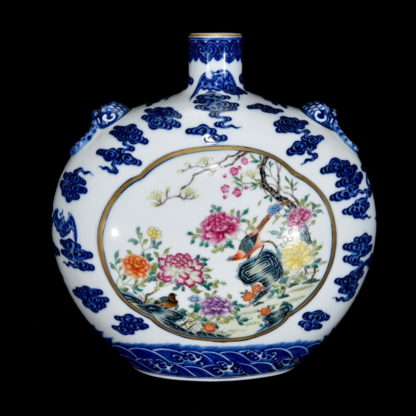 An Exquisite Blue and White Famille-Rose Flower and Bird Pattern Beast-Ears Vase: An Exquisite Blue and White Famille-Rose Flower and Bird Pattern Beast-Ears Vase,Qing Dynasty,China,Qianlong Six-Character Mark,Size:11.4inx11.4inx5.9in 青花粉彩花鸟