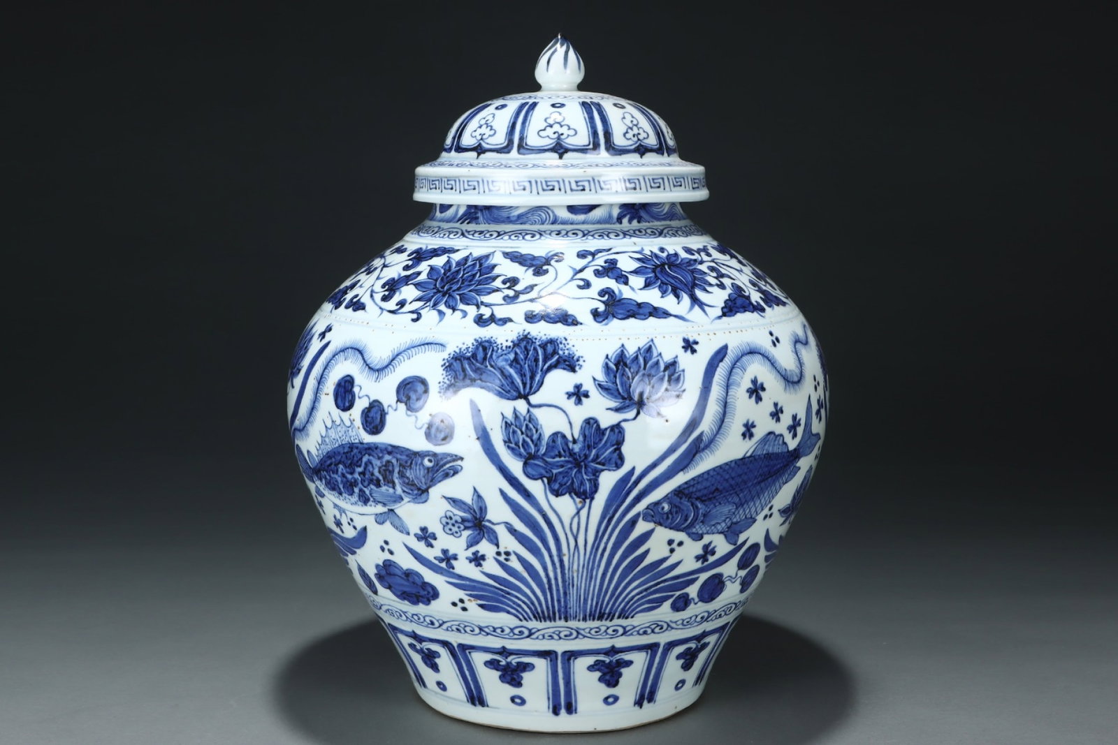 A Huge Blue and White Hornwort Pattern Jar with Cover: A Huge Blue and White Hornwort Pattern Jar with Cover,Yuan Dynasty,China,Size:16.5inx13.6in 青花鱼藻纹盖罐,中国元代