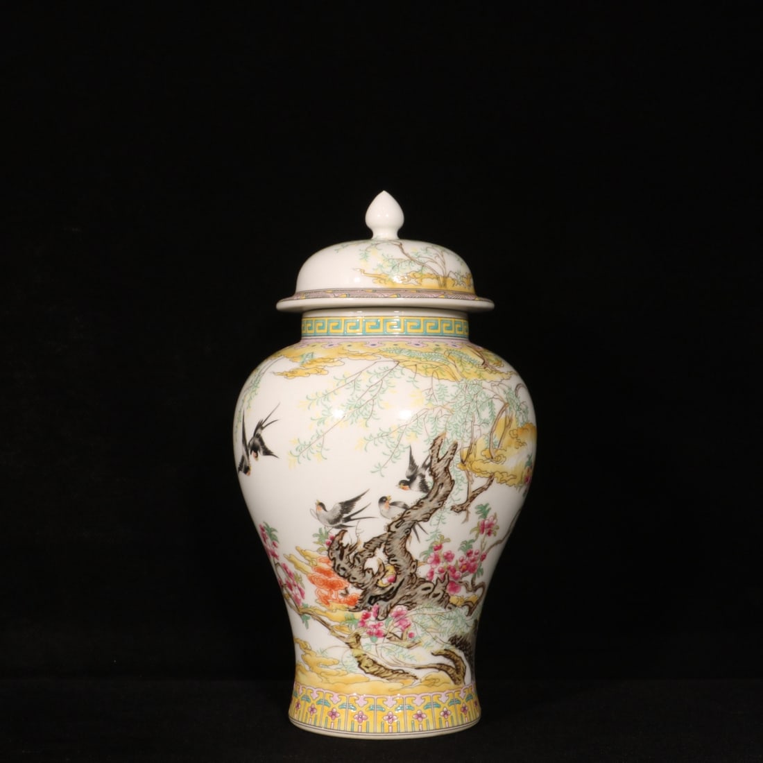 An Exquisite Enamel Flower and Bird Pattern Jar with Cover,with poem: An Exquisite Enamel Flower and Bird Pattern Jar with Cover,with poem,Qing Dynasty,China,Qianlong Four-character Mark,Size:9.4inx5.5in 珐琅彩花鸟纹盖罐,&