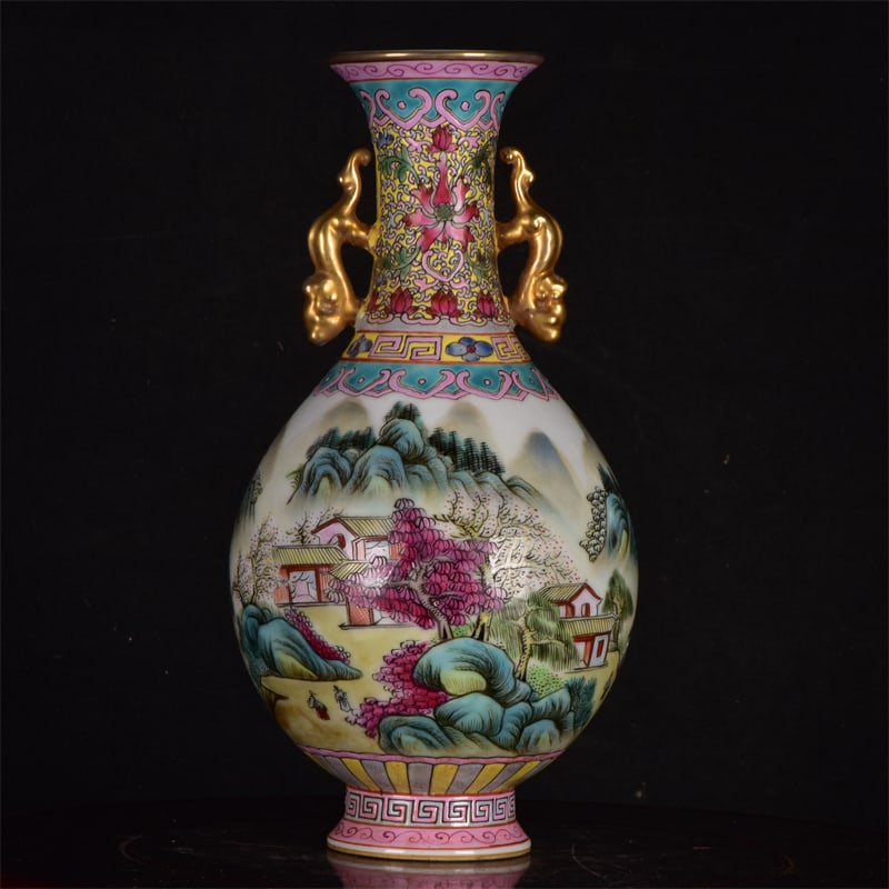An Exquisite Famille-Rose Painted Gold Landscape and Figure Pattern Double-Ears Vase: An Exquisite Famille-Rose Painted Gold Landscape and Figure Pattern Double-Ears Vase,Qing Dynasty,China,Qianlong Six-Character Mark,Size:9.4inx4.7in 粉彩描金山水