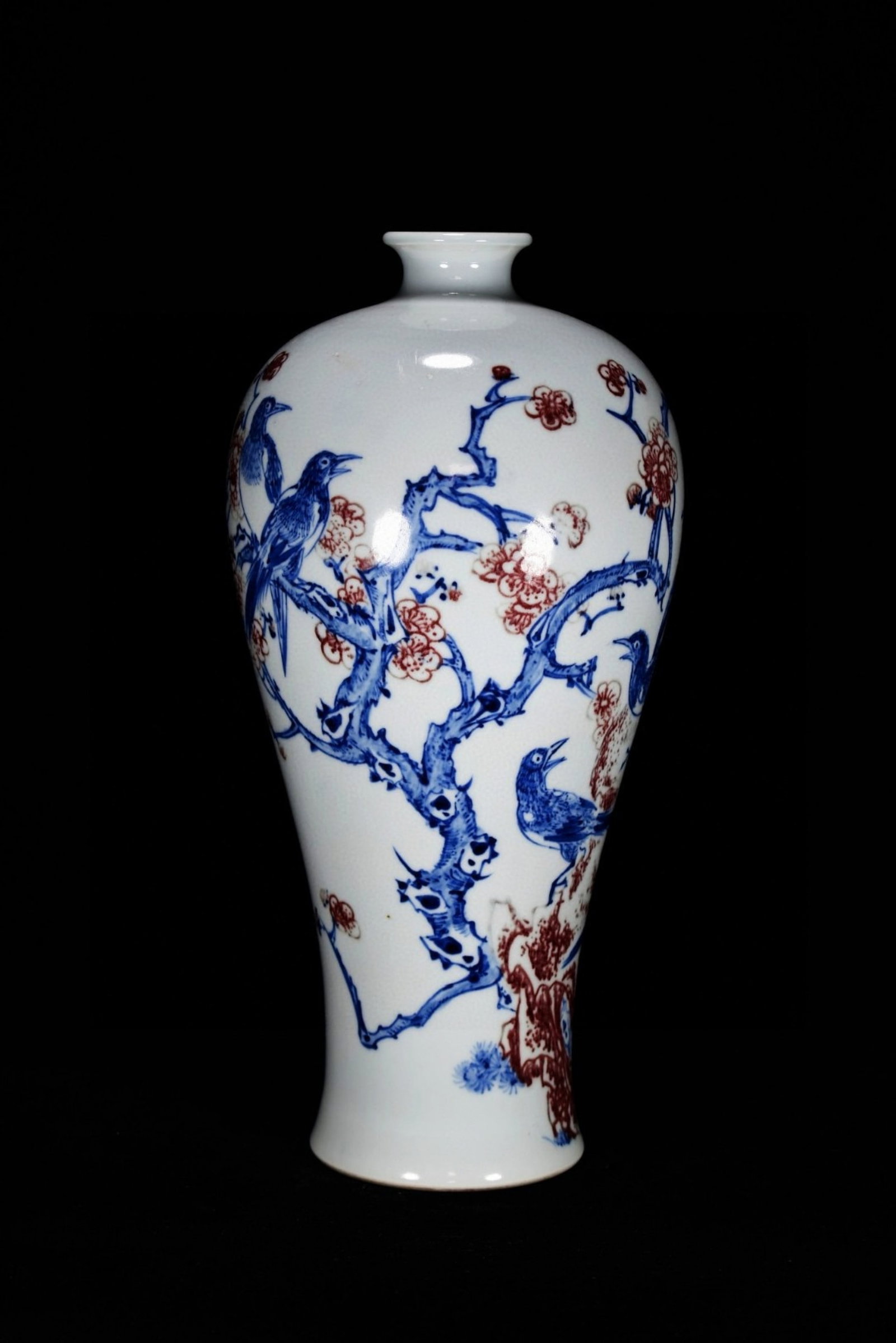 A Rare Blue and White Underglaze-Red Flower and Bird Pattern Vase: A Rare Blue and White Underglaze-Red Flower and Bird Pattern Vase,Qing Dynasty,China,Kangxi Six-character Mark,Size:13.8inx7.1in 青花釉里红花鸟纹瓶