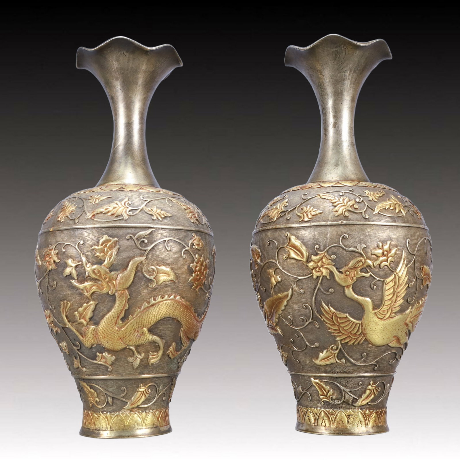 A Pair of Rare Gilt Silver Dragon and Phoenix Pattern Vases (1 of 15)