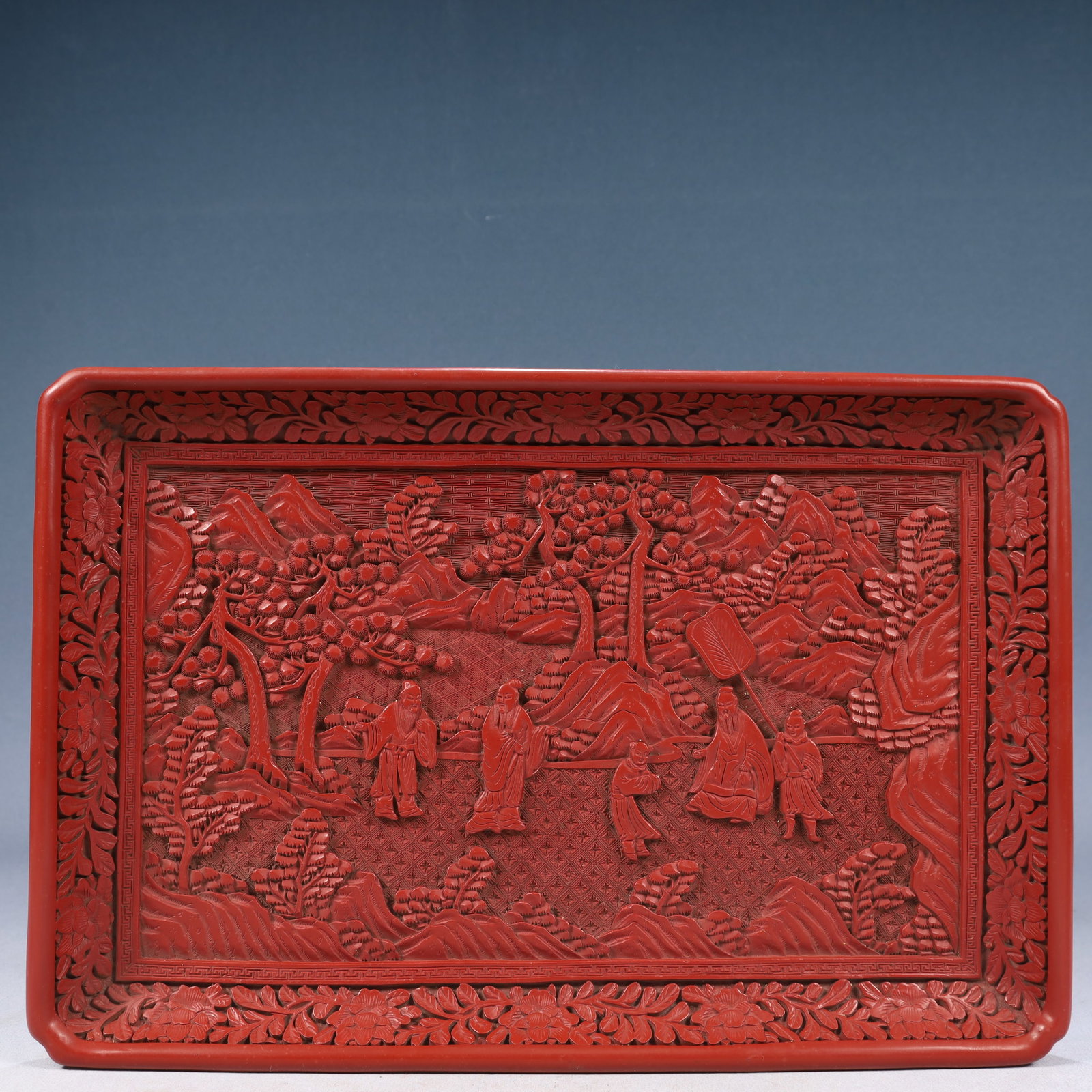 A Rare Carved Red Lacquer Landscape and Figure Pattern Plate: A Rare Carved Red Lacquer Landscape and Figure Pattern Plate,Qing Dynasty, China,Qianlong Six-character Mark,Size:14.8inx10inx1.6in,Weight:850g 剔红漆山水人物