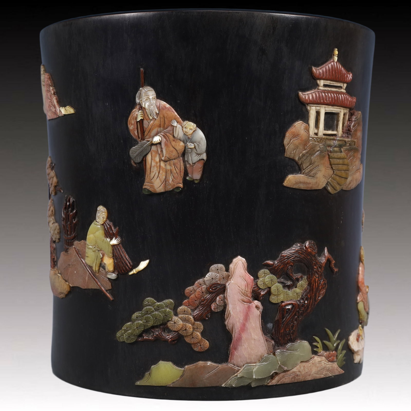 An Exquisite Zitanwood Landscape and Figure Pattern Brush Pot,Inlaid Gems,With Poem: An Exquisite Zitanwood Landscape and Figure Pattern Brush Pot,Inlaid Gems,With Poem,Qing Dynasty, China,Qianlong Four-character Mark,Size:9.8inx10.2in,Weight:5900g 紫檀木山