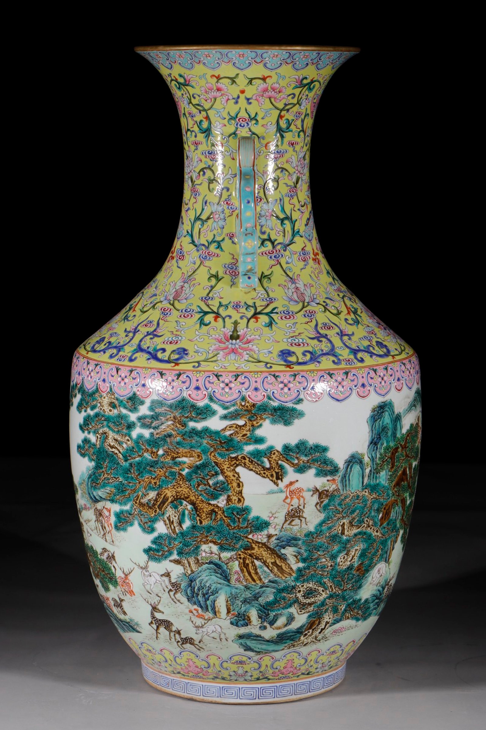 A Huge Yellow Ground Famille-Rose Pine and Deer Pattern Double-Ears Vase: A Huge Yellow Ground Famille-Rose Pine and Deer Pattern Double-Ears Vase,Qing Dynasty,China,Jiaqing Six-character Mark,Size:30.1in 黄地粉彩松鹿纹双ň