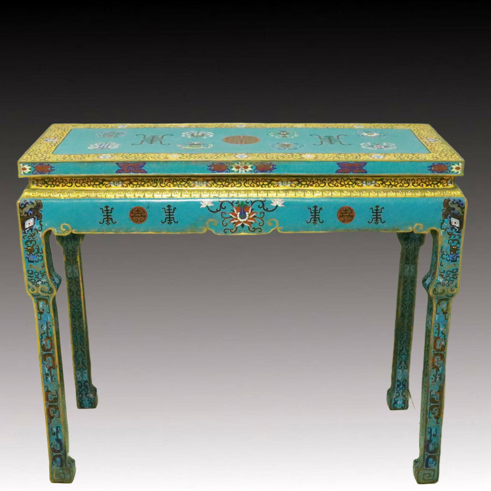 A Huge Cloisonne Eight Treasures,Bats and Peach Pattern Table: A Huge Cloisonne Eight Treasures,Bats and Peach Pattern Table,Qing Dynasty, China,Size:41.3inx16.7inx34.3in 景泰蓝八宝福寿纹桌,中国