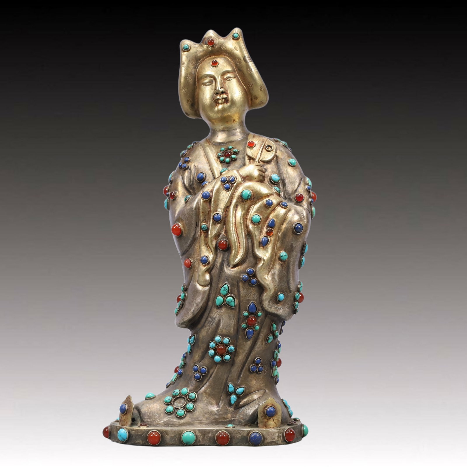 A Rare Gilt Silver Figure Ornament,Inlaid Turquoise: A Rare Gilt Silver Figure Ornament,Inlaid Turquoise,Tang Dynasty, China,Size:4.9inx3.9inx11in,Weight:950g 银鎏金人物摆件,嵌绿松石,