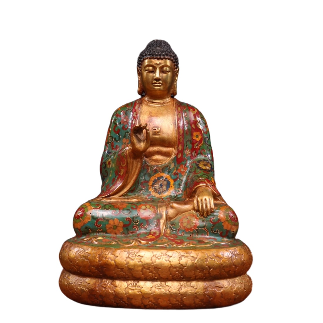 An Exquisite Gilt Bronze Cloisonne Lotus Pattern Statue of Sakyamuni: An Exquisite Gilt Bronze Cloisonne Lotus Pattern Statue of Sakyamuni,Ming Dynasty,China,Yongle Six-character Mark,Size:12.6inx9.1inx7.5in,Weight:4560g 铜鎏金景泰蓝&