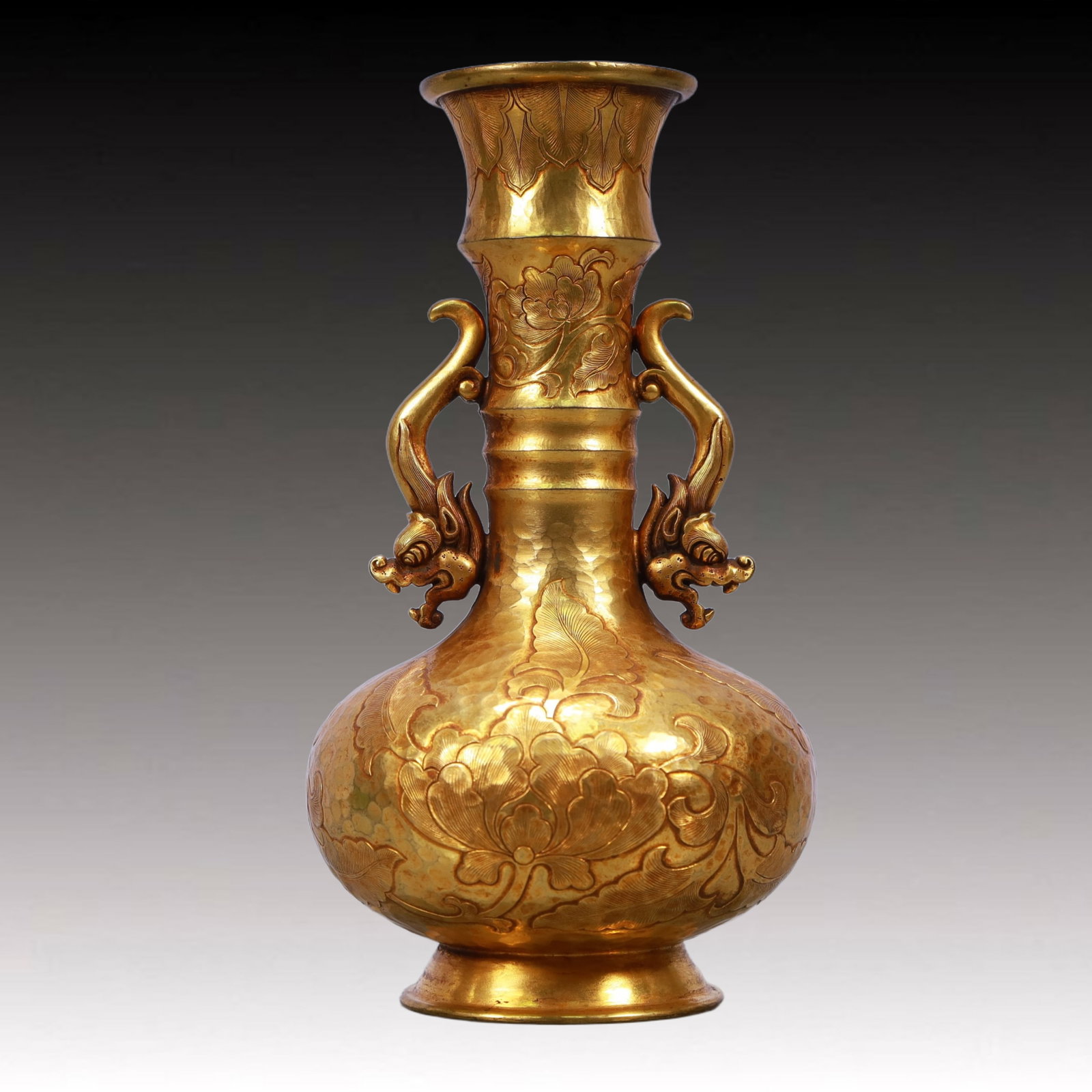 A Rare Gilt Bronze Lotus Pattern Dragon-Ears Vase: A Rare Gilt Bronze Lotus Pattern Dragon-Ears Vase,Qing Dynasty, China,Size:4.3inx8.3in,Weight:750g 铜鎏金缠枝莲纹龙耳瓶,中国