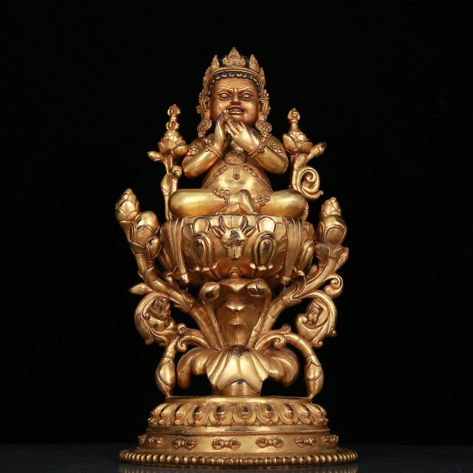 A Magnificent Gilt-Bronze Figure Of Vajrapani With Inscriptions: A Magnificent Gilt-Bronze Figure Of Vajrapani With Inscriptions. Seated with an enraged expression, body adorned with jewelry ornaments, topknot surmounted by a splendid diadem. Chinese Ming Dynasty.