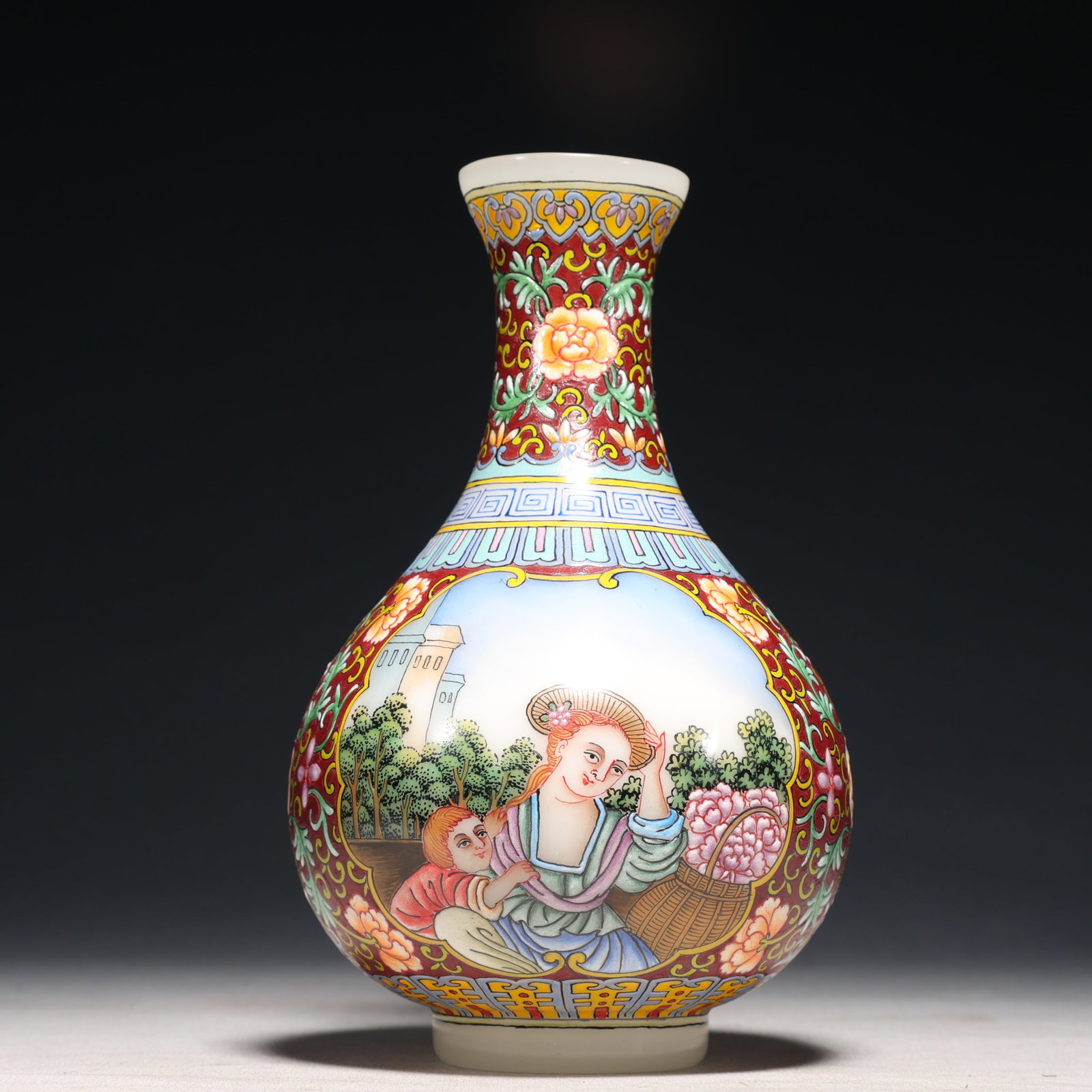 An Exquisite Glass Enamel Lotus and Figure Pattern Vase: An Exquisite Glass Enamel Lotus and Figure Pattern Vase,Qing Dynasty,China,Qianlong Four-character Mark,Size:4.3inx7.5in 琉璃珐琅彩缠枝莲人物