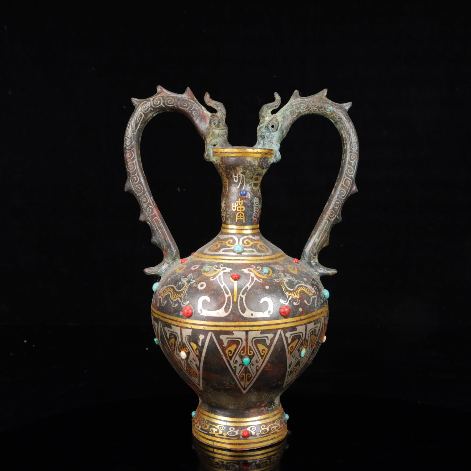 An Archaic Bronze Inlaid Gold and Silver Dragon Pattern Double-Ears Vase,Inlaid Gems: An Archaic Bronze Inlaid Gold and Silver Dragon Pattern Double-Ears Vase,Inlaid Gems,The Warring States period in China,Size:7.9inx5.5inx11.4in,Weight:1950g 铜错金银龙