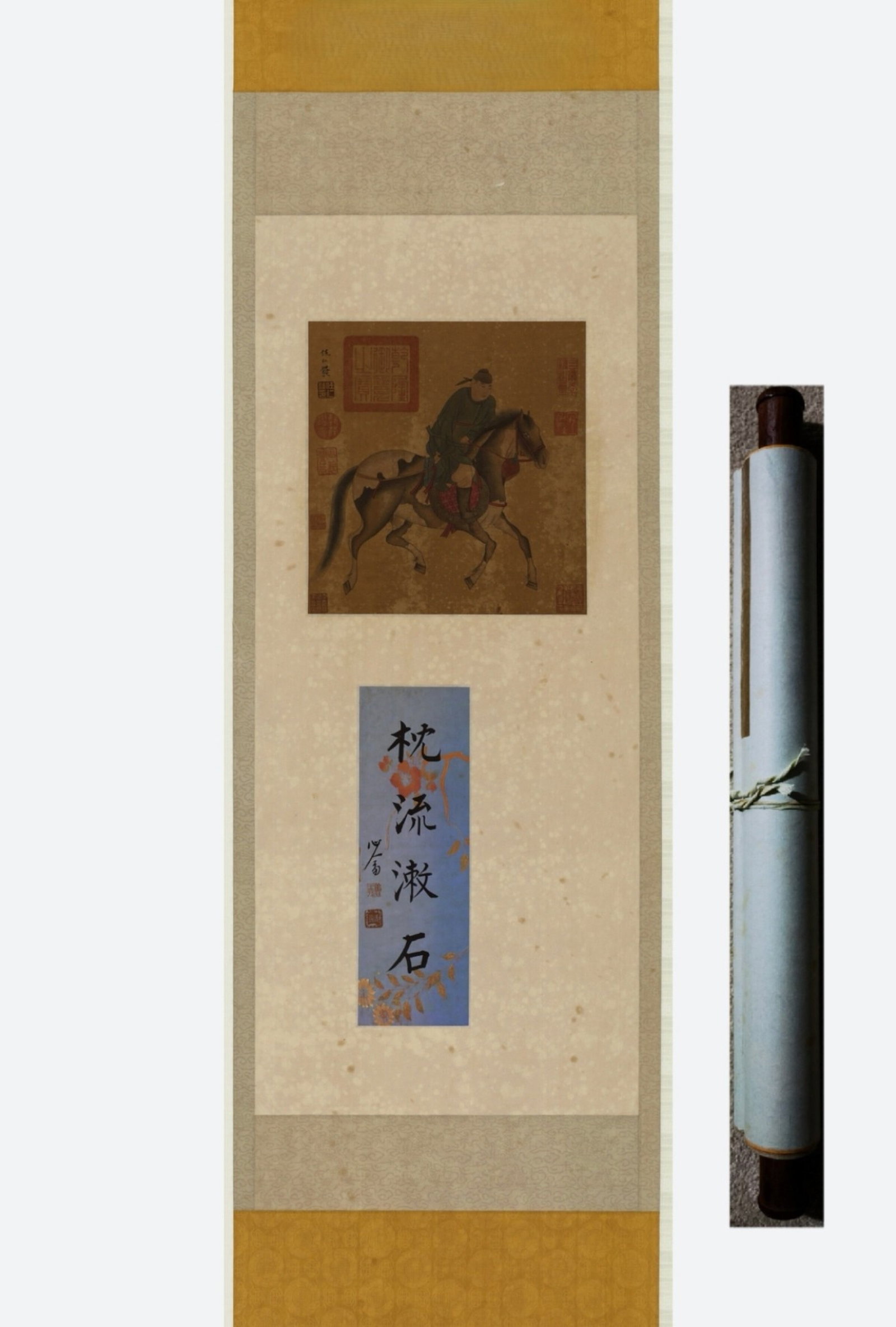 A Chinese Vertical Scroll Ink Painting of Figure Riding Horse on Silk: A Chinese Vertical Scroll Ink Painting of Figure Riding Horse on Silk,Ren Renfa,Size:89inx17.7in 一幅中国水墨绢本人物骑马立