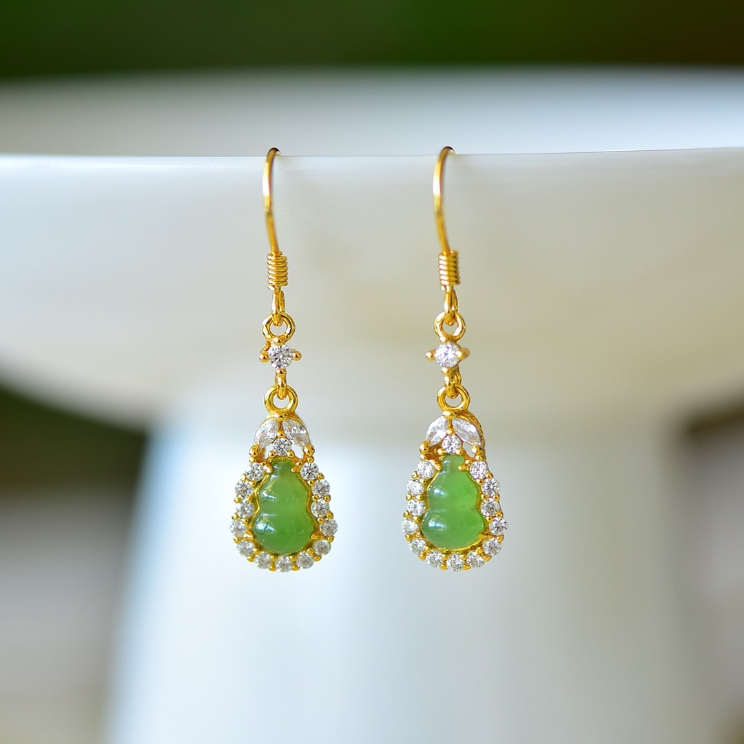 A Pair of Exquisite Sterling Silver-Gold Plated Inlaid Jasper Earrings,Inlaid Diamond: A Pair of Exquisite Sterling Silver-Gold Plated Inlaid Jasper Earrings,Inlaid Diamond,Size:0.4inx0.5in