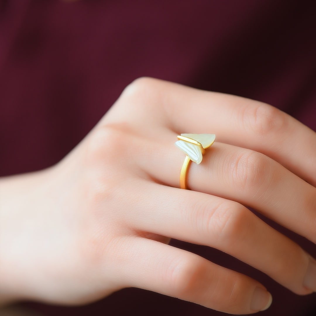 An Exquisite Sterling Silver-Gold Plated Inlaid White Jade Ring: An Exquisite Sterling Silver-Gold Plated Inlaid White Jade Ring,Size:0.4inx0.5in 纯银镀金镶白玉戒指