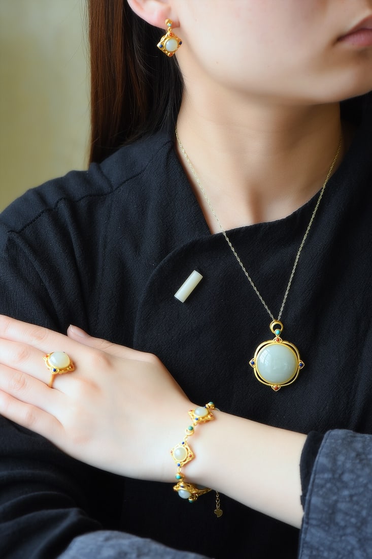 A Set of Fine Sterling Silver-Gold Plated Inlaid White Jade Jewelrys: A Set of Fine Sterling Silver-Gold Plated Inlaid White Jade Jewelrys,Size:(Ring)0.5inx0.5in,(Earrings)0.3inx0.3in,(Pendant)1inx1in,(Bracelet)0.3inx0.3in