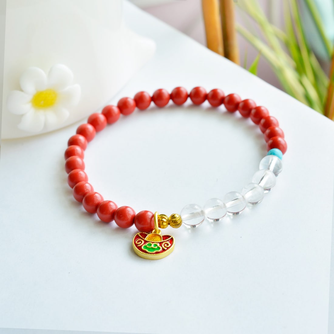 An Exquisite Cinnabar with Crystal Bracelets: An Exquisite Cinnabar with Crystal Bracelets,Size:0.2inx0.2in 朱砂配水晶手链