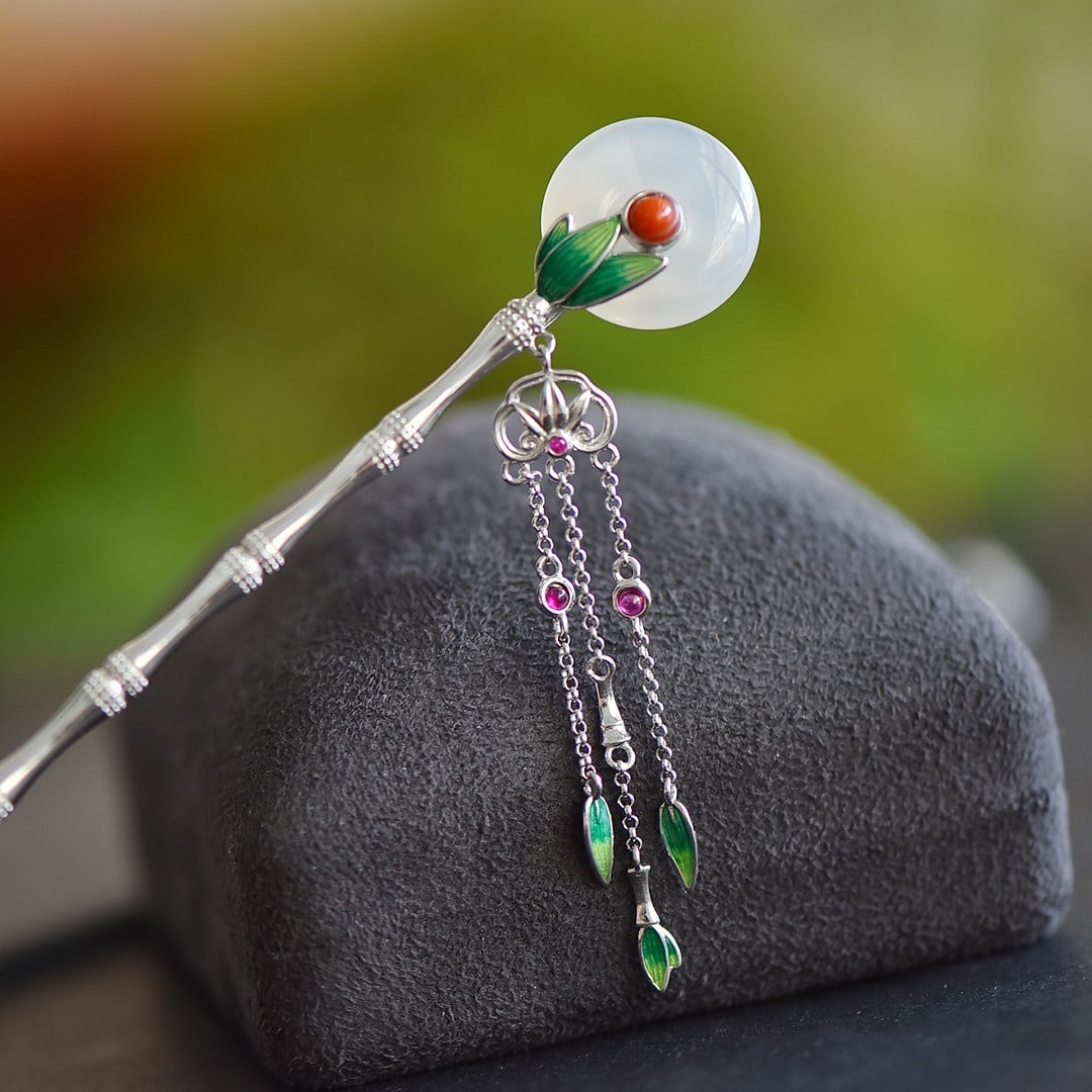 An Exquisite Sterling Silver Inlaid White Agate Hairpin,Inlaid Gems: An Exquisite Sterling Silver Inlaid White Agate Hairpin,Inlaid Gems