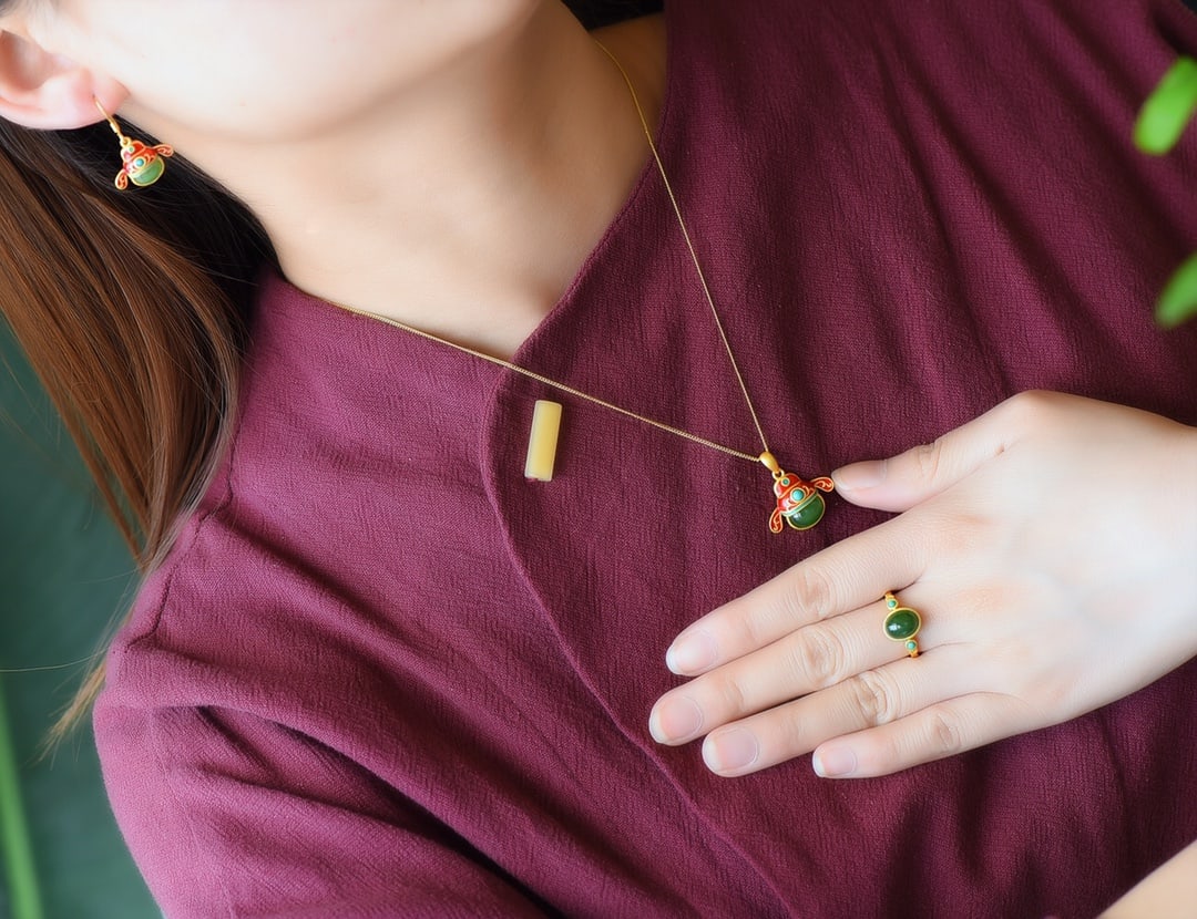 A Set of Fine Sterling Silver-Gold Plated Inlaid Jasper Jewelrys: A Set of Fine Sterling Silver-Gold Plated Inlaid Jasper Jewelrys,Size:(Ring)0.3inx9,(Earrings)0.2inx8,(Pendant)0.3inx0.4in 一套纯银镀金镶碧玉Ɖ