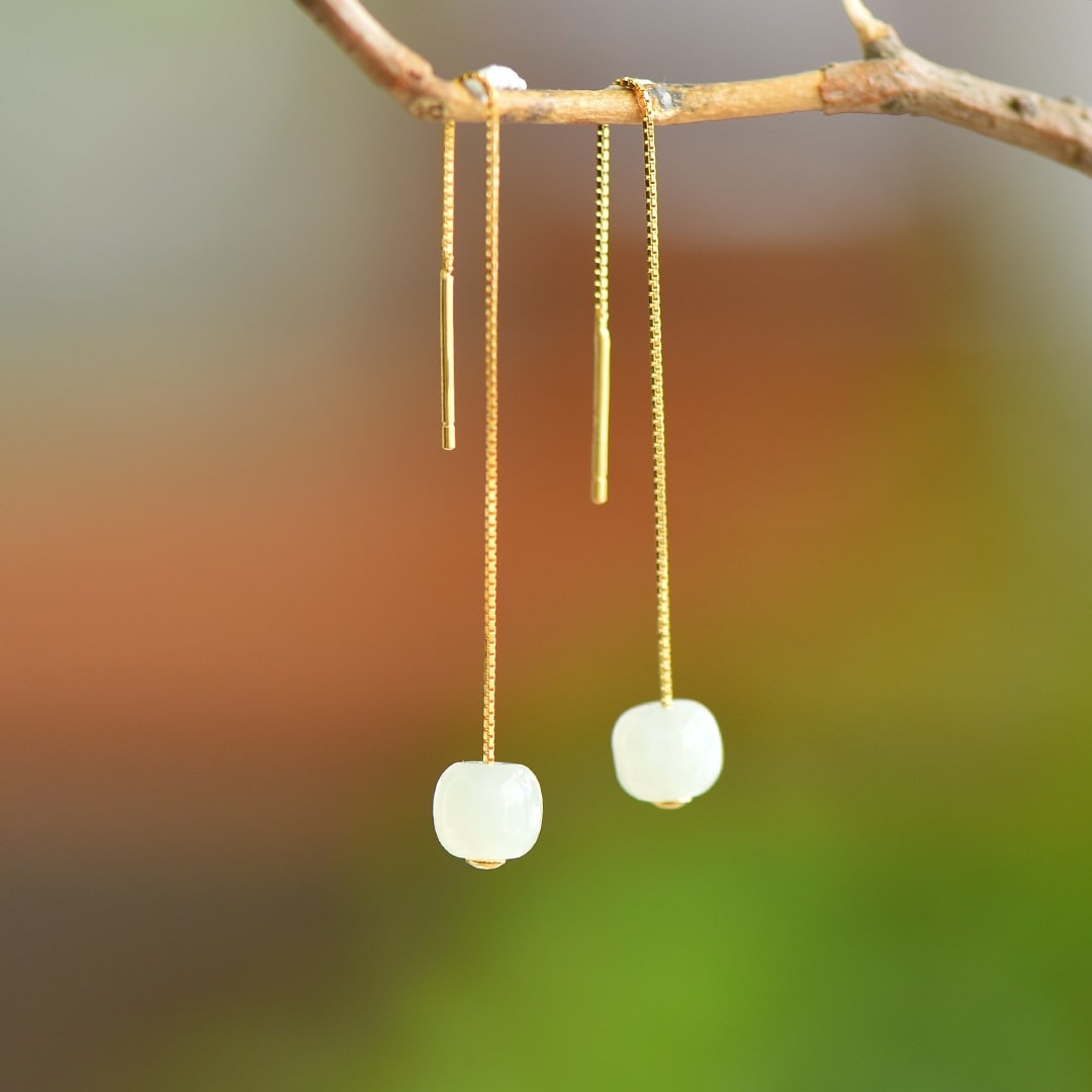 A Pair of Exquisite Sterling Silver-Gold Plated Inlaid White Jade Earrings: A Pair of Exquisite Sterling Silver-Gold Plated Inlaid White Jade Earrings, 一对纯银镀金镶白玉耳环