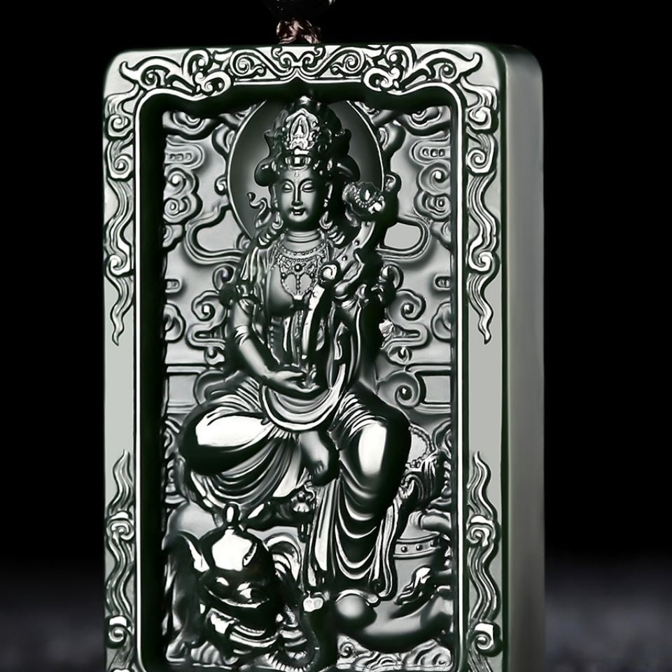 An Exquisite Cyan jade Statue of Samantabhadra Pendant: An Exquisite Cyan jade Statue of Samantabhadra Pendant,Size:2.4inx1.6inx0.4in 青玉普贤菩萨像挂件