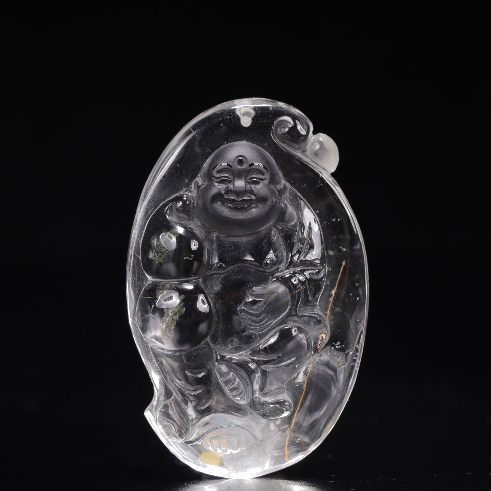 An Exquisite Crystal Statue of Maitreya Buddha Pendant: An Exquisite Crystal Statue of Maitreya Buddha Pendant,Size:1.4inx0.6inx2.4in,Weight:43g 水晶弥勒佛挂件