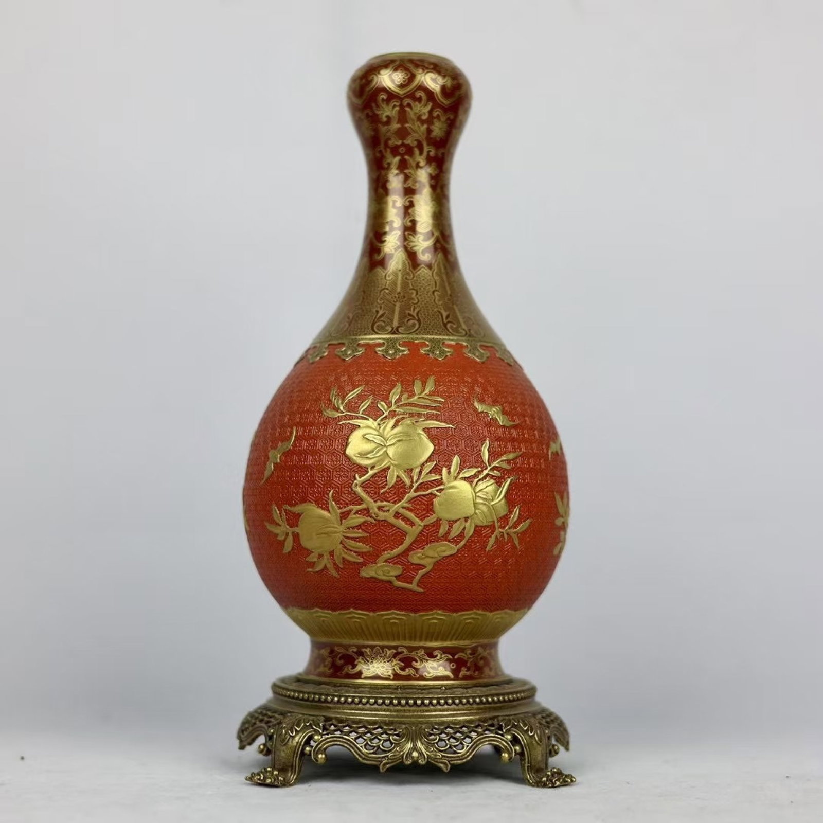 A Rare Iron-Red Inlaid Bronze Bats and Peach Pattern Vase: A Rare Iron-Red Inlaid Bronze Bats and Peach Pattern Vase,Qing Dynasty,China,Qianlong Six-character Mark,Size:12.2inx5.5in