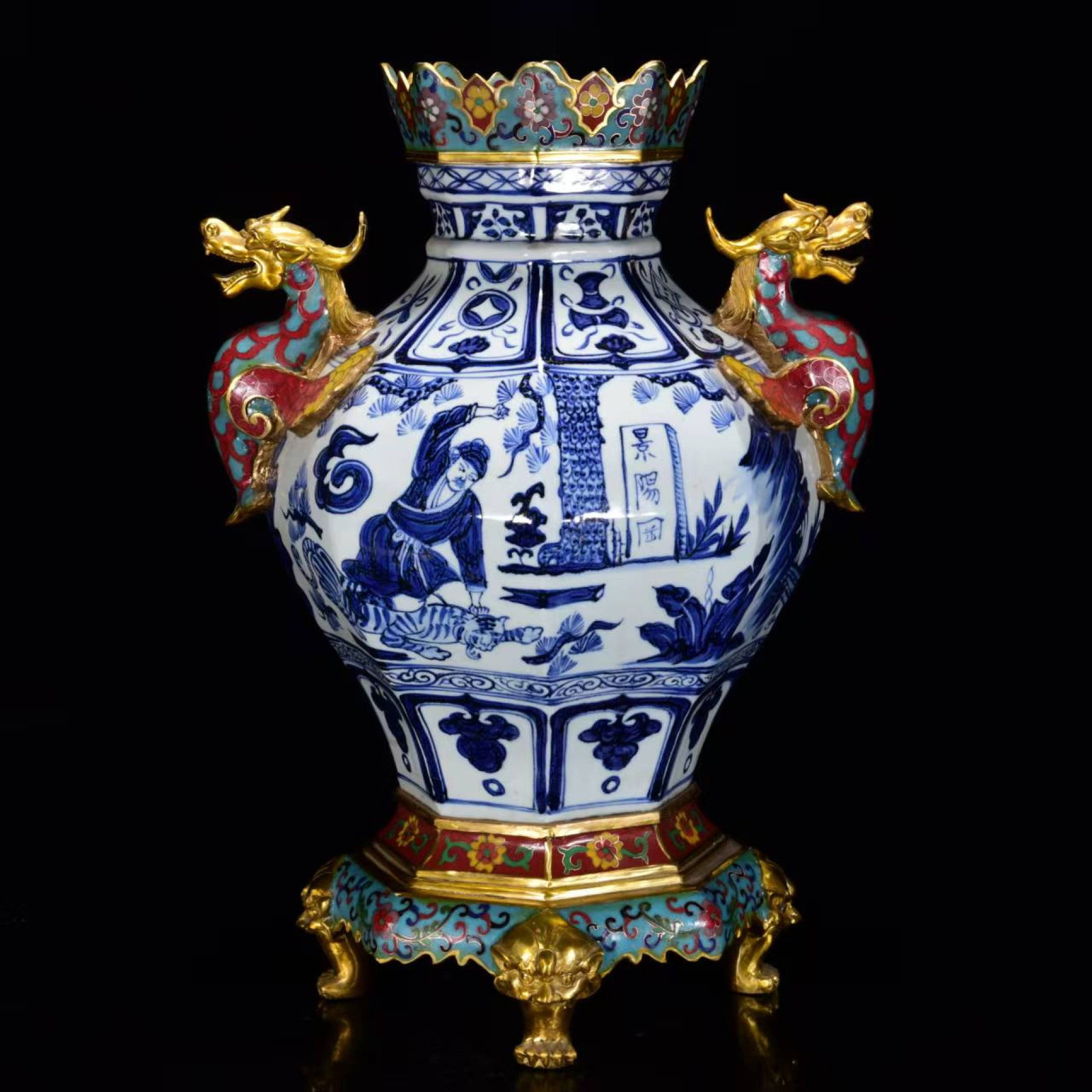 An Exquisite Blue and White Cloisonne Character and Story Pattern Beast-Ears Vase: An Exquisite Blue and White Cloisonne Character and Story Pattern Beast-Ears Vase,Yuan Dynasty,China,Size:22inx15in
