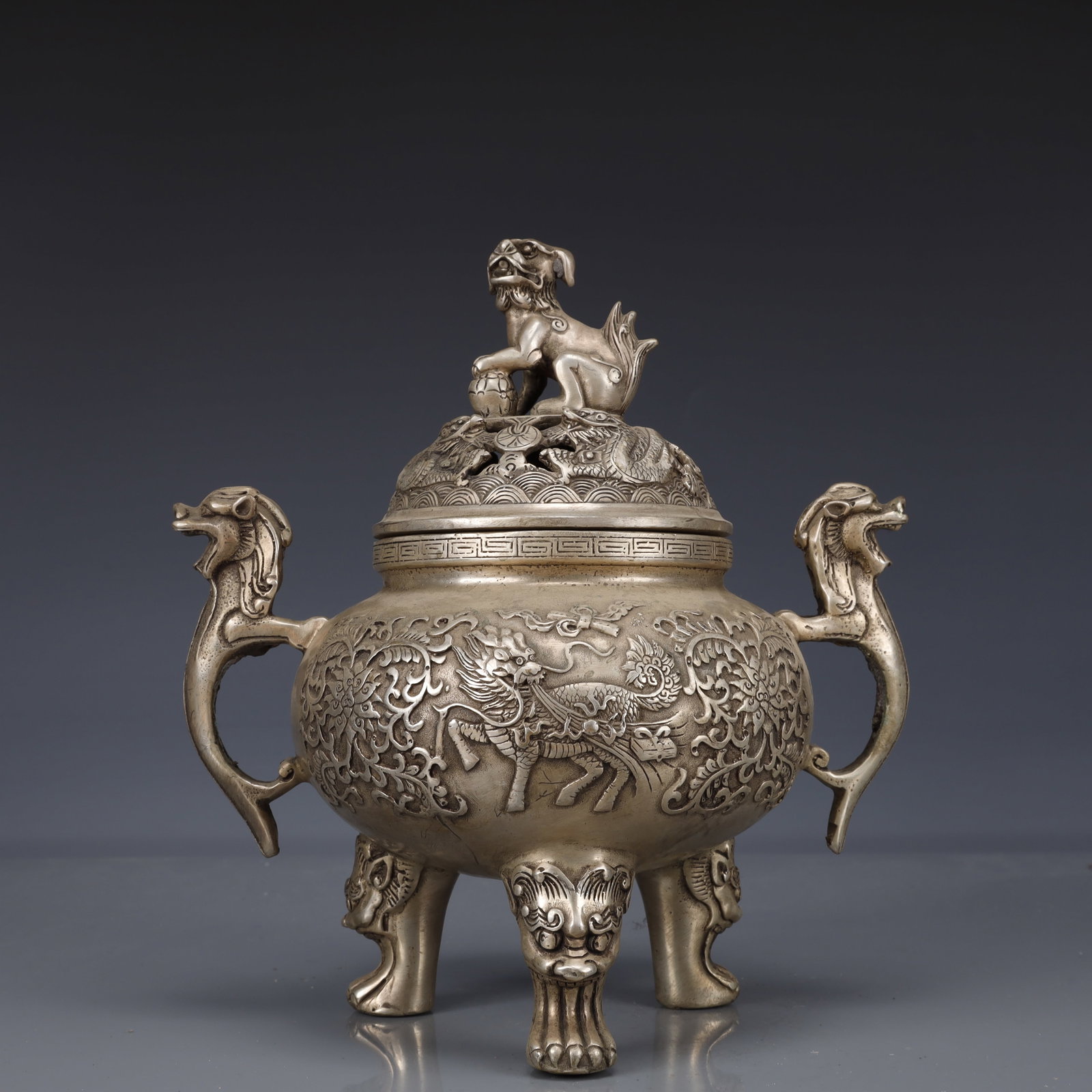 An Exquisite Silver-Plated Bronze Kylin Pattern Double-Ears and Tripod Censer: An Exquisite Silver-Plated Bronze Kylin Pattern Double-Ears and Tripod Censer,Qing Dynasty, China,Qianlong Four-character Mark,Size:8.3inx5.9inx9.1in,Weight:1250g 铜镀银麒Ɩ