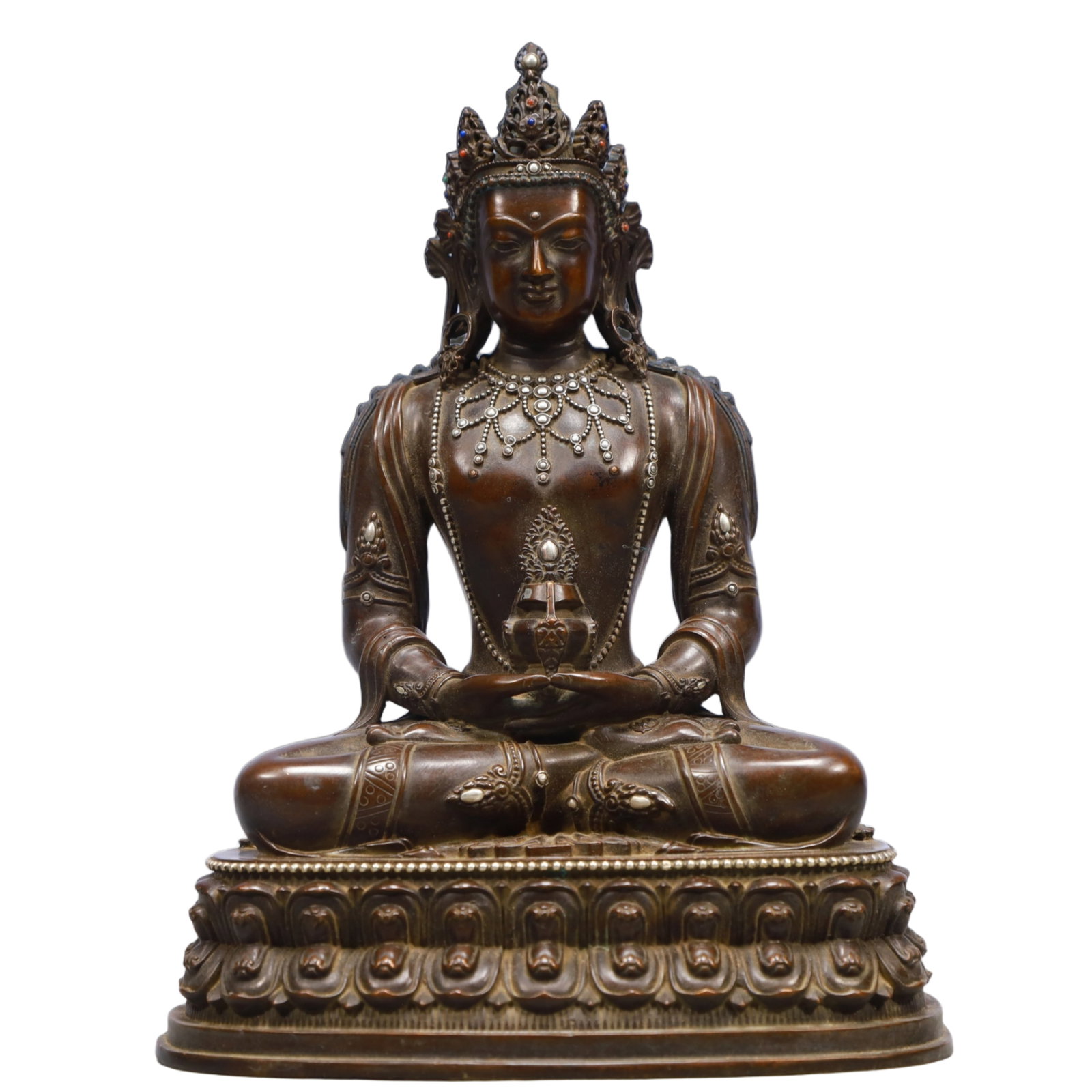 A Solemn Bronze Inlaid Silver Statue of Amitayus, Inlaid Gems: A Solemn Bronze Inlaid Silver Statue of Amitayus, Inlaid Gems,Qing Dynasty, China,Size:6.7inx4.7inx9.1in,Weight:2450g
