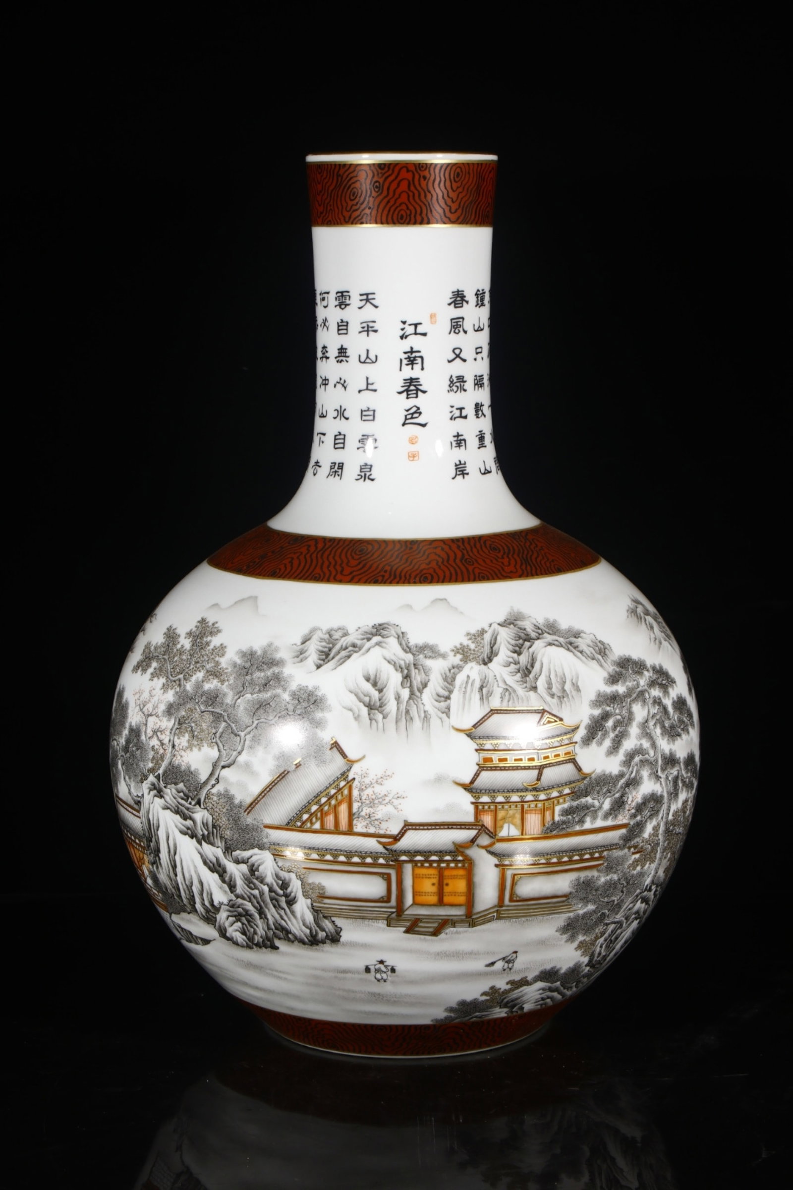 A Huge Ink Color Landscape Pattern Vase,with poem: A Huge Ink Color Landscape Pattern Vase,with poem,Qing Dynasty,China,Qianlong Six-character Mark,Size:22.4inx7.1in 墨彩山水纹瓶,带诗文,中