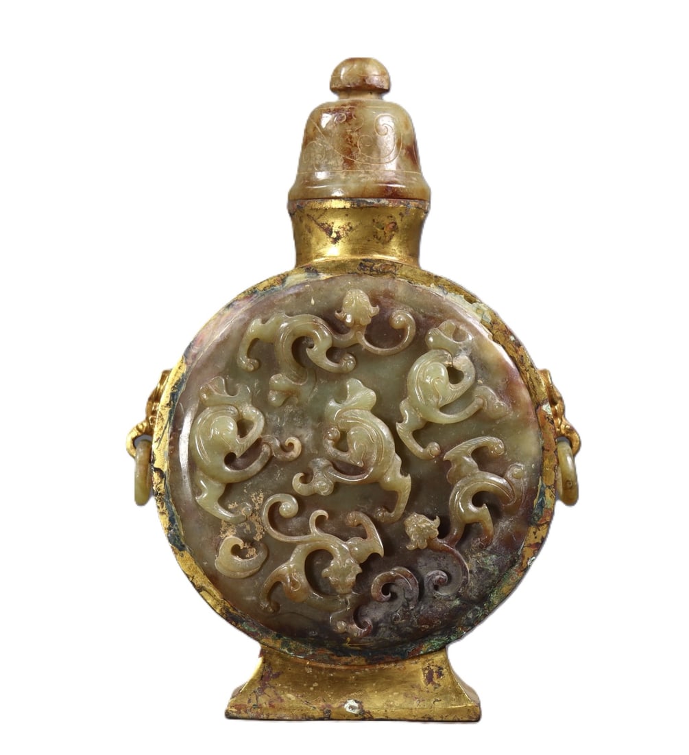 An Exquisite Gilt Bronze Inlaid Greenish Jade Dragon Pattern Double-Ears Bottle: An Exquisite Gilt Bronze Inlaid Greenish Jade Dragon Pattern Double-Ears Bottle,the Warring States period in China,Size:7.7inx4.9inx2.2in,Weight:1078g 铜鎏金嵌青白&