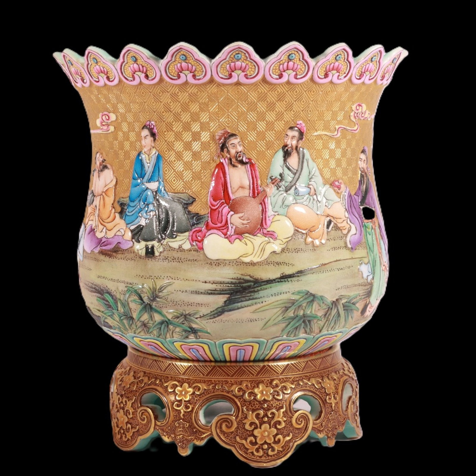 An Exquisite Enamel Gold Ground Character and Story Pattern Flowerpot: An Exquisite Enamel Gold Ground Character and Story Pattern Flowerpot,Qing Dynasty,China,Qianlong Six-character Mark,Size:7.3inx6.9in