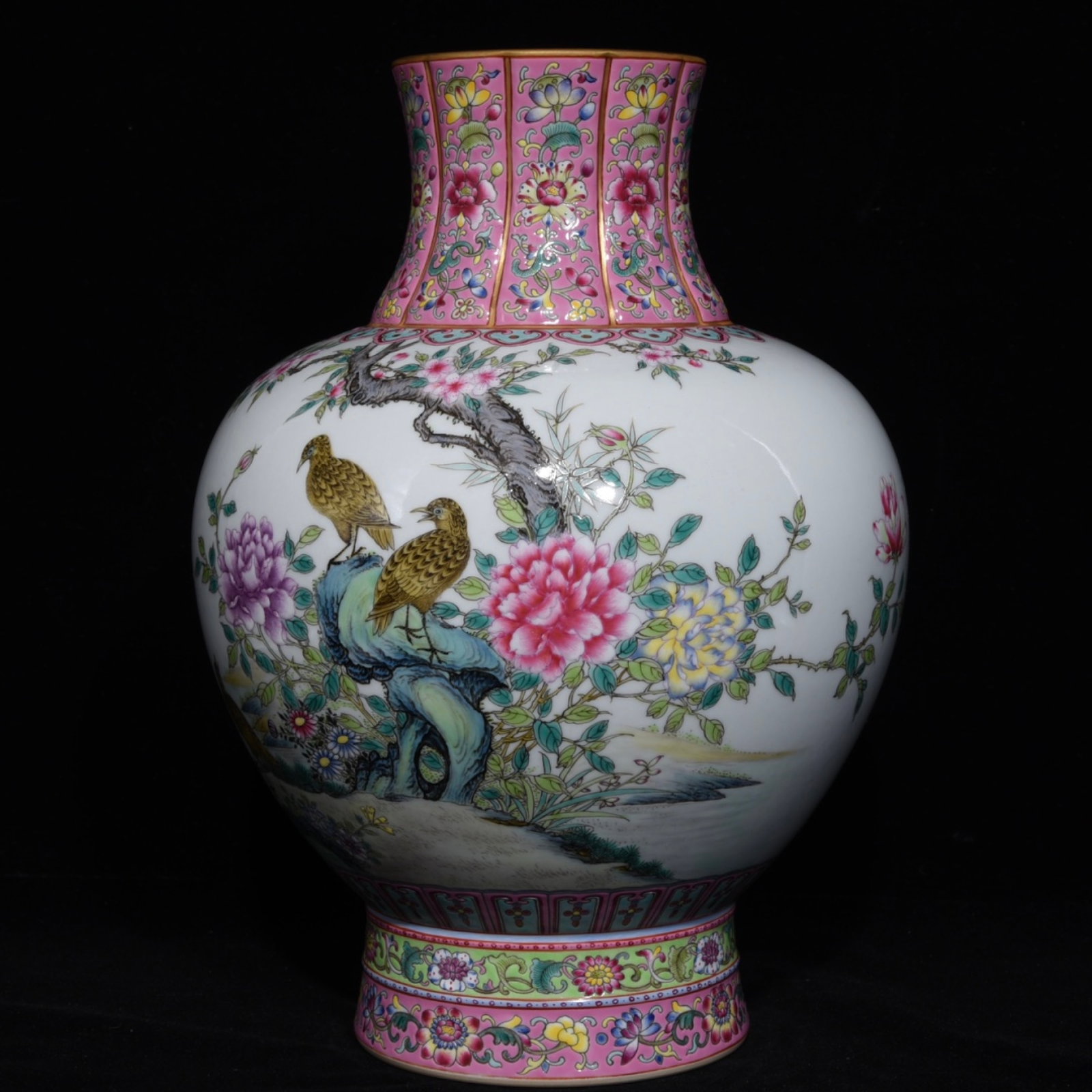 An Exquisite Ruby Red-Glazed Famille-Rose Flower and Bird Pattern Vase,with poem: An Exquisite Ruby Red-Glazed Famille-Rose Flower and Bird Pattern Vase,with poem,Qing Dynasty,China,Qianlong Six-character Mark,Size:11.2inx8.1in 胭脂红粉彩花࿏