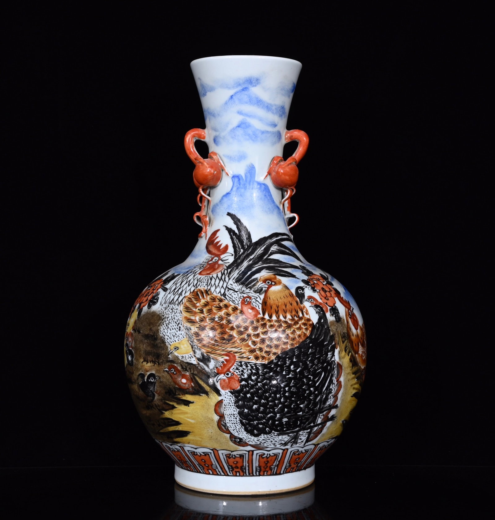 A Huge Famille-Rose Flower and Rooster Pattern Double-Ears Vase: A Huge Famille-Rose Flower and Rooster Pattern Double-Ears Vase,Qing Dynasty,China,Qianlong Six-Character Mark,Size:15.9inx8.7in