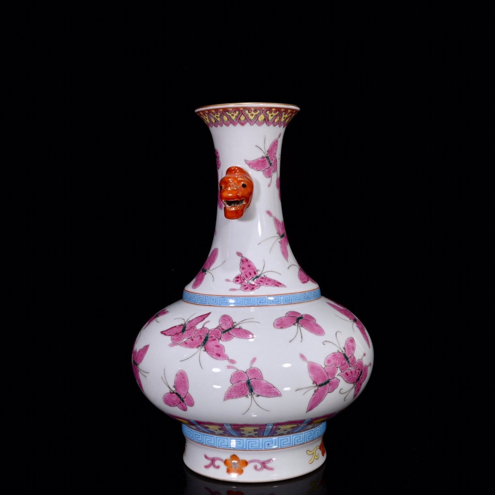 A Rare Ruby Red Glazed Butterfly Pattern Beast-Ears Vase - 2