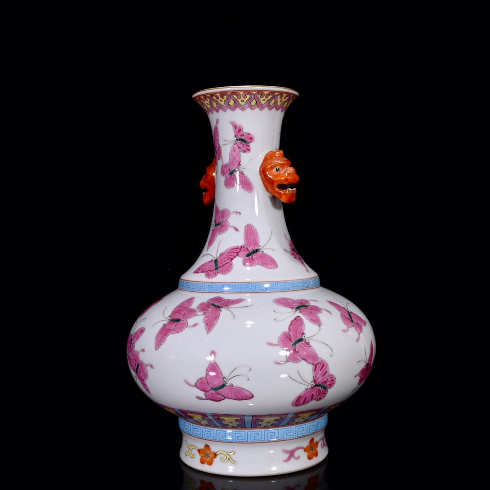 A Rare Ruby Red Glazed Butterfly Pattern Beast-Ears Vase - 3