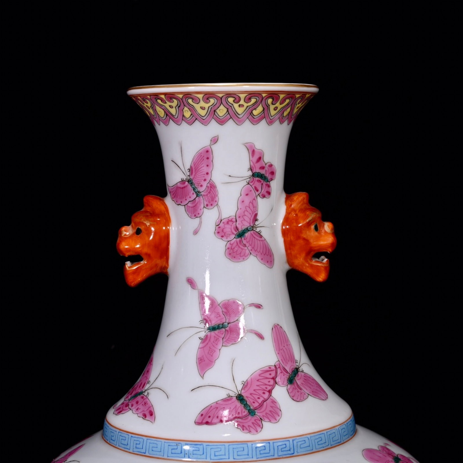 A Rare Ruby Red Glazed Butterfly Pattern Beast-Ears Vase - 4
